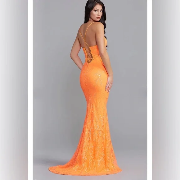 Prom Neon Orange Lace Mermaid Gown | Lace-Up Back - Size 2 - Picture 4 of 6